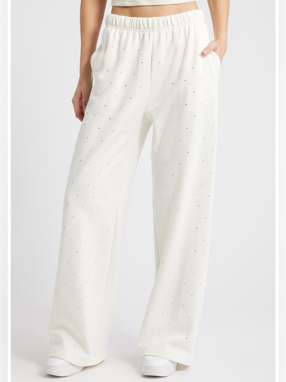Good American Crystal Wide Leg Sweatpants in cloud white